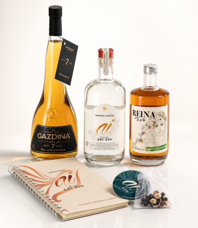 Ljetni paket za druženja s Gazdina 7 godina odležalom šljivovicom, AI Dry Ginom i REINA likerom od jabuke, uz AI Gin notes, začine za koktele i poklon iznenađenja.
